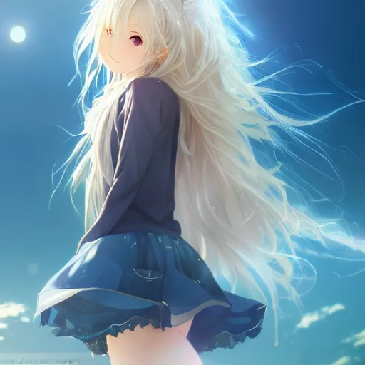 Image similar to a very beautiful anime cute girl, full body, long wavy blond hair, sky blue eyes, full round face, short smile, fancy top, miniskirt, front view, summer lake setting, cinematic lightning, medium shot, mid-shot, highly detailed, cinematic wallpaper by Stanley Artgerm Lau