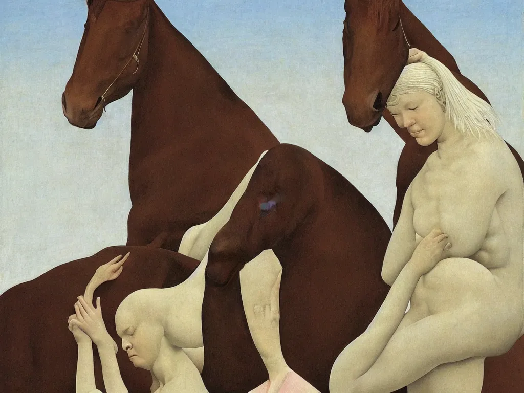 Prompt: Woman embracing horse. White water jug. Painting by Alex Colville, Piero della Francesca.
