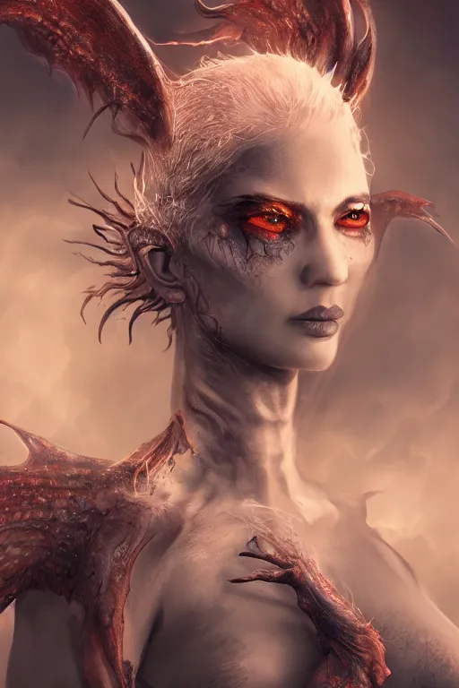 Prompt: character design, female wraith rising from ember ashes, tattered demonic wings, ultra detailed, digital art, 8k ,character ,realistic, portrait, hyperrealistic