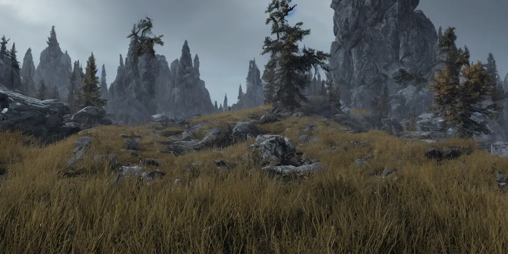 Image similar to a landscape of skyrim, unreal engine 5, photorealism