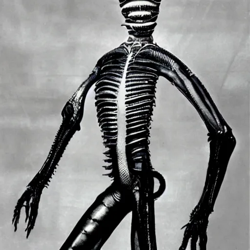 Image similar to H R Giger’s Alien, dressed in avant-garde outfit, posing on a runway