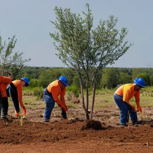 Image similar to a group of workers planting trees in a barren landscape alongside a sci fi nuclear containment building with a utopian city in the distance