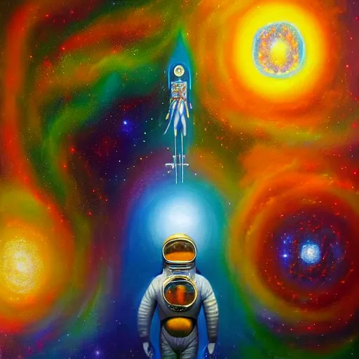 Image similar to transcendent sacred spaceman, astral spirit space journey in oil painting, ayahuasca, trending on artstation, award winning, emotional, highly detailed ethereal surrealist art