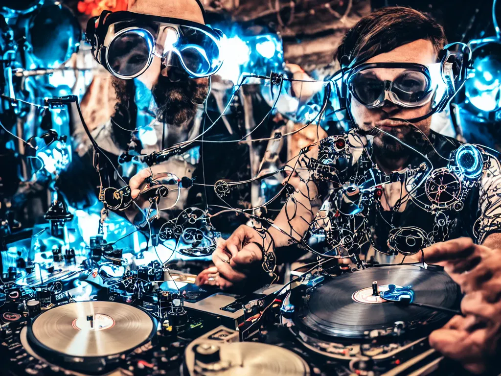 Image similar to a person wearing goggles and visor and headphones using a steampunk record player contraption, wires and tubes, turntablism dj scratching, intricate planetary gears, cinematic, imax, sharp focus, leds, bokeh, iridescent, black light, fog machine, hazy, lasers