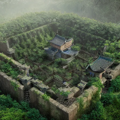 Image similar to a giant ancient chinese castle in forest with some ivy plants on the walls, by zhang zeduan, qiu ying, tang yin, cinematic, epic, dramatic lighting from above, dark, vines, fantasy, dust, unreal engine, octane, highly detailed, concept art, dark, super realistic