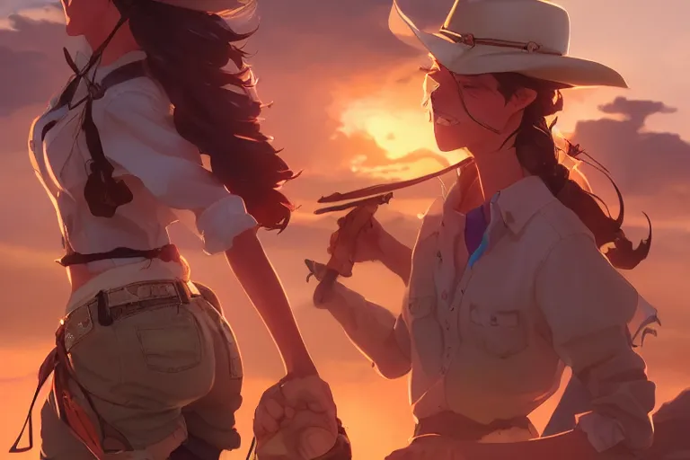 Image similar to western cowgirl, single centered subject, mid shot, ambient lighting, detailed face, by makoto shinkai, stanley artgerm lau, wlop, rossdraws