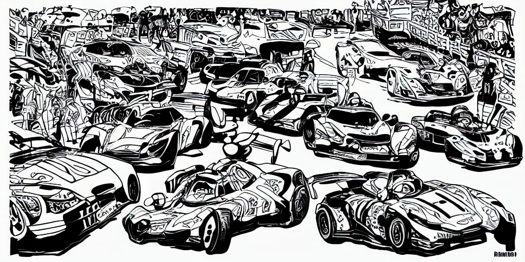 Prompt: ink lineart drawing of a car race, chinese brush pen illustration, cartoon style, anime, deep black tones, coloring book, contour