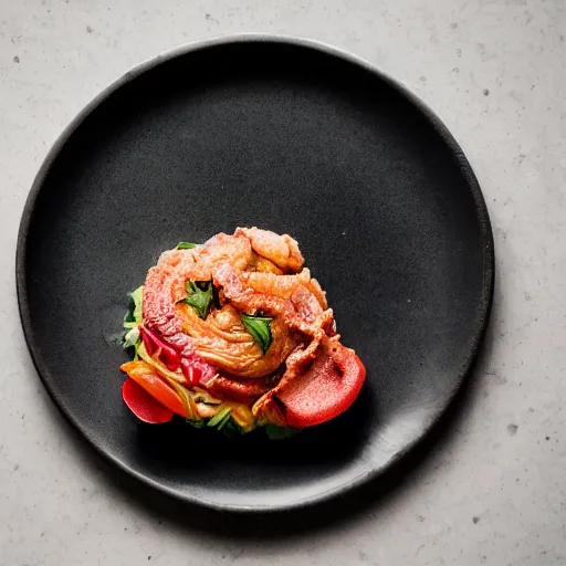 Image similar to a cooked human head wih garnish served at a fancy restaraunt on a fancy plate, gorgeous depth of field professional food photography