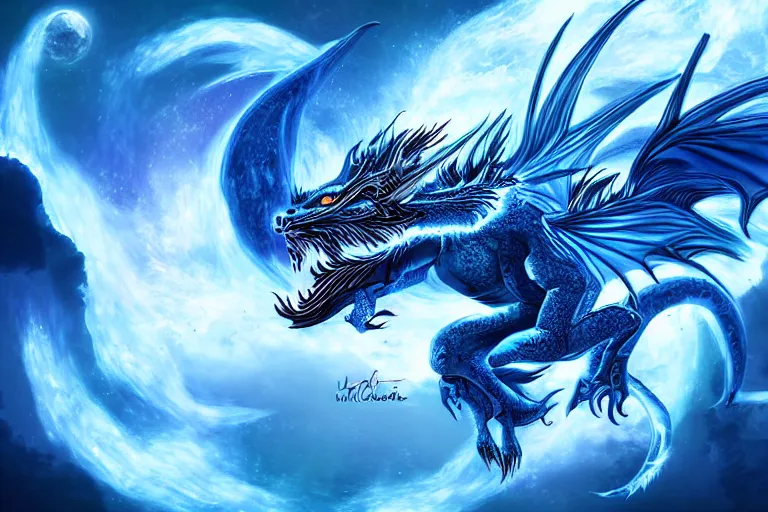 Prompt: an roaring blue and white dragon with colorful feather, digital art, moonlight, blue mist, blue smoke, close shot,