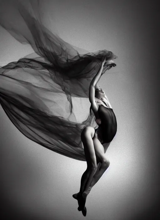 Image similar to a photorealistic dramatic hyperrealistic render of a glamorous beautifulanime in bikini dancer by ken brower and deborah ory of nyc dance project, lois greenfield, flowing cloth and smoke, beautiful dynamic dramatic dark moody lighting, volumetric, shadows, cinematic atmosphere, octane render, 8 k