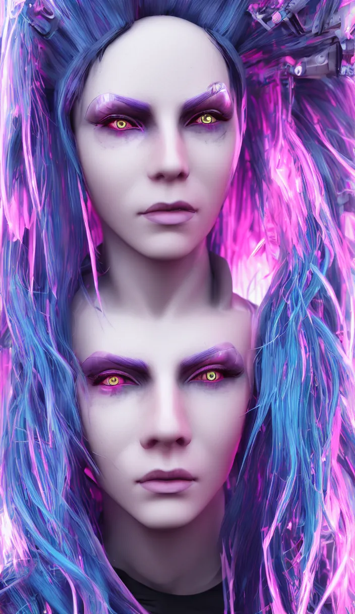 Prompt: a portrait of a cyberpunk woman, blue neon hair, pink eyes, hyperdetailed, rtx, hdr, 3 d render, octabe render, 8 k.