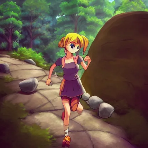 Prompt: “Indians jones as an anime girl running away from a rolling giant stone boulder trap, anime art”