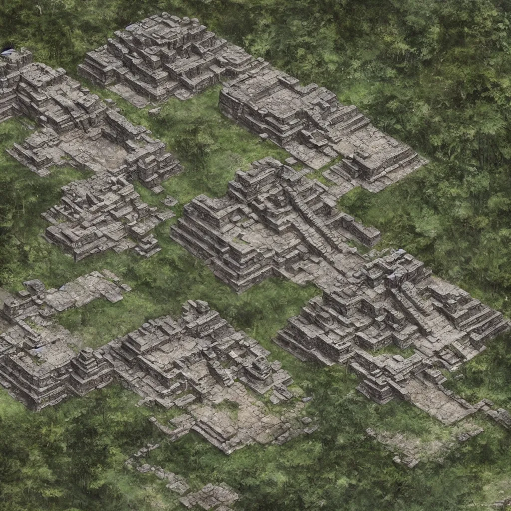 Image similar to Detailed map of ancient mayan ruins in a 2.5D video game, by Greg Rutkowski