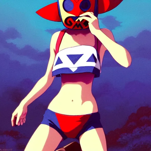 Image similar to beautiful boyish natalie portman gravure model in majora's mask, wearing wooden mask and baseball cap and leotard, street wear with subtle mayan patterns, aztec bathing suit, gapmoe yandere grimdark, trending on pixiv fanbox, painted by greg rutkowski makoto shinkai takashi takeuchi studio ghibli, akihiko yoshida