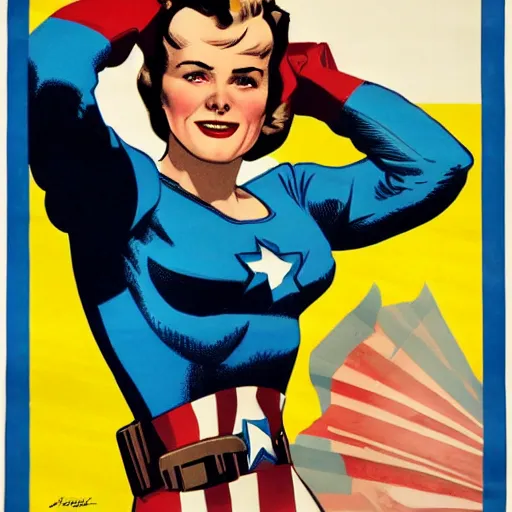 Prompt: female captain america. wwii american propaganda poster by james gurney