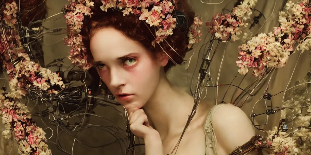 Image similar to cyberpunk girl, vintage style, wrapped in flowers and wired, by barry lyndon, ultra detailed, high resolution, cinematic