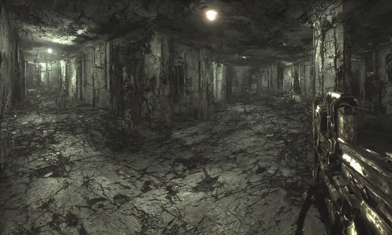 Image similar to screenshot from horror fps, biomechanical first person weapon, dilapidated dungeon level, undead monsters, cryengine, subsurface scattering, raytraced shading, 8 k