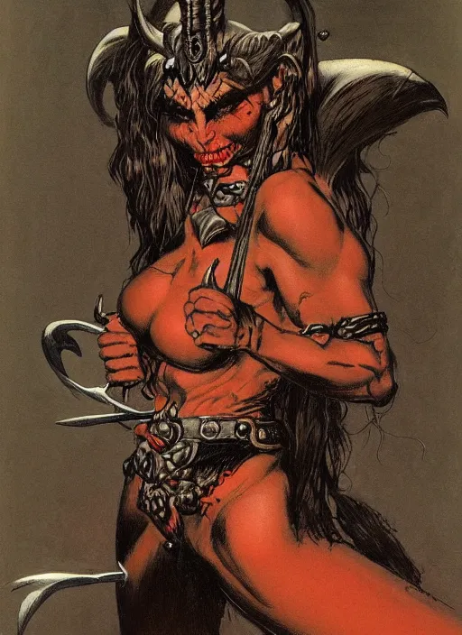 Image similar to portrait of demoness warrior, black iron tiara, strong line, deep color, beautiful! coherent! by frank frazetta, minimalism
