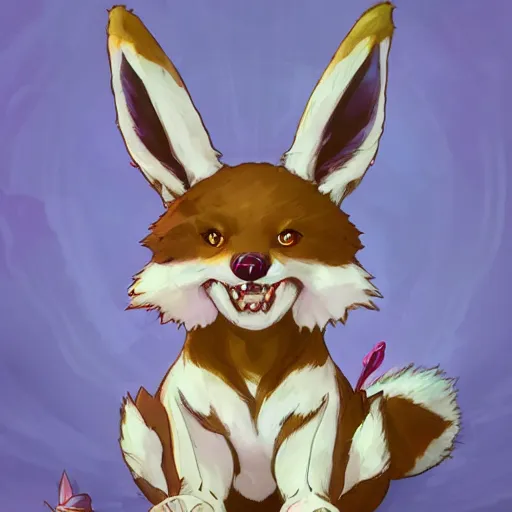 Image similar to an adorable zany girly alluring chubby charming but vicious fennic fox wolf rabbit hybrid, with long floppy rabbit ears, wearing a bow on the top of its head, grinning at the camera with a mischievous look, sharp teeth, happy lighting, at a tropical beach, greg rutkowski and alphonse mucha and jin xiaodi and anthony devine