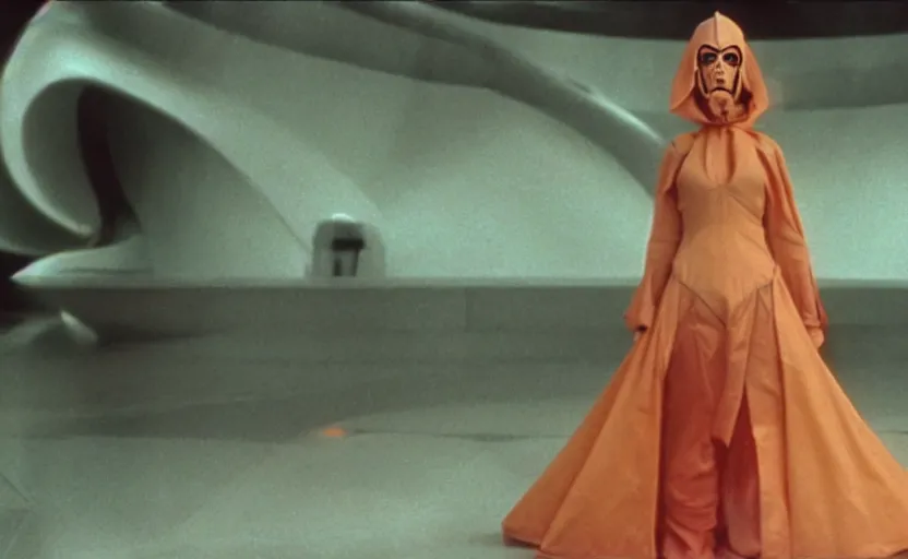 Image similar to screenshot portrait of female sith lord, on a planet of maelstrom, chaos, the world without form and void, 1970s film by Stanley Kubrick, iconic scene, HR Geiger design, stunning cinematography, hyper-detailed, sharp, anamorphic lenses, kodak color, 4k, stunning