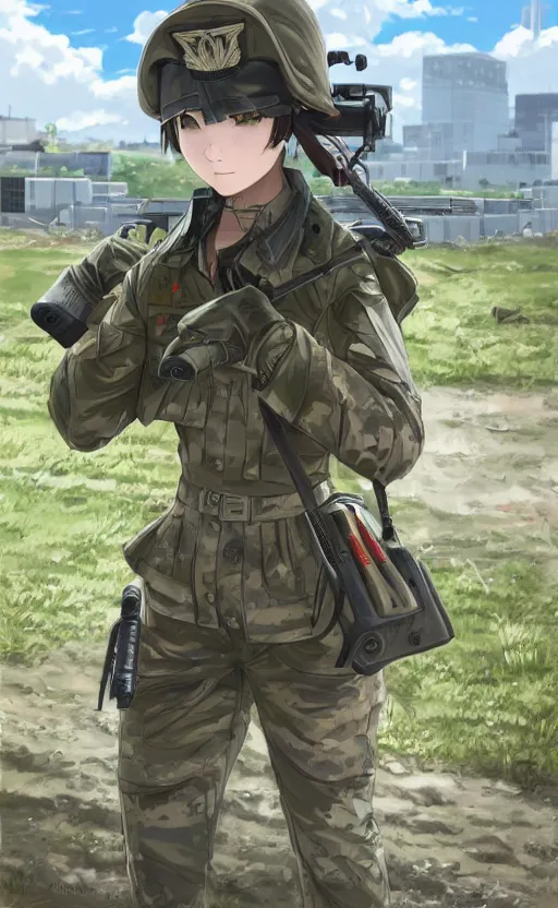 Image similar to portrait of a female soldier, highly detailed, high resolution, military camp in the background, genshin impact visual style, illustration, stunning, girls frontline style, bokeh soft, matte, 100mm, by professional photographer, hayao miyazaki, ilya kuvshinov, realistic human anatomy, realistic military carrier, modern warfare, realistic weapon, shot with a arriflex 35 ii, low saturation, small eyes, thick artline