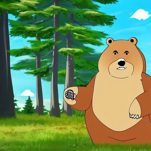 Image similar to a Finnish cartoon, about a bear who lives in the woods, anime style, Finnish cartoon