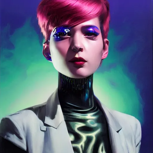 Image similar to hologram punk woman is interested, with cute - fine - face, pretty face, oil slick hair, realistic shaded perfect face, extremely fine details, by realistic shaded lighting, dynamic background, poster by ilya kuvshinov katsuhiro otomo, magali villeneuve, artgerm, jeremy lipkin and michael garmash and rob rey, pascal blanche, kan liu