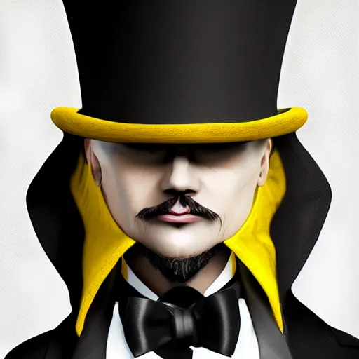 Image similar to a highly detailed portrait of a man in a high top hat covering his face, in a black tailcoat with a yellow waistcoat under the tailcoat, artstation, deviantart, professional, unreal engine 5, photorealistic