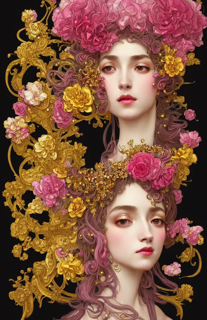 Image similar to beautiful black pink yellow, complicated gold and pink flowers in baroque style headwears, dark fantasy, intricate, elegant, highly detailed, digital painting, artstation, concept art, matte, 3 d 8 k octane rendered, sharp focus, illustration, octane rendered, art by artgerm and alphonse mucha, leesha hannigan