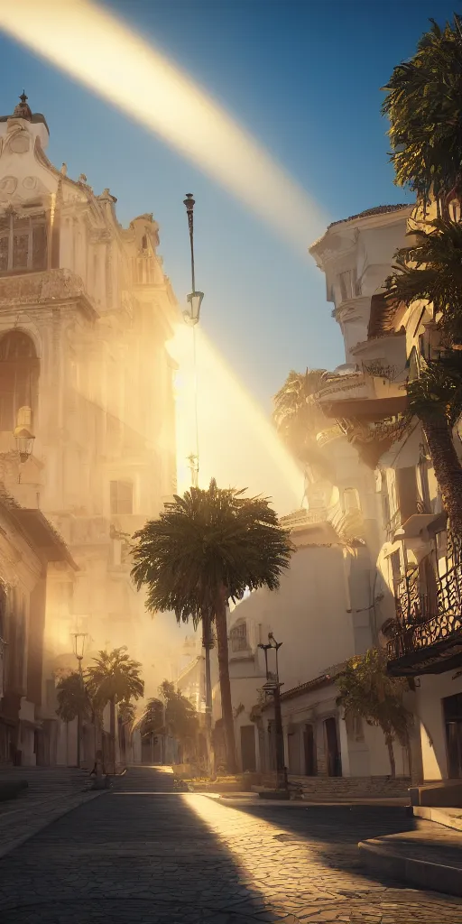 Image similar to the city of santa barbara, spanish architecture, beautiful composition, rays of light, light dust, octane render, unreal engine, photography, 8 k