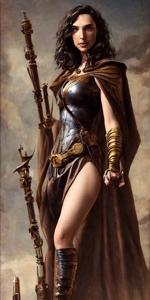 Image similar to highly detailed steampunk gal gadot standing, cape, staff : leonardo da vinci, greg rutkowski, magali villeneuve