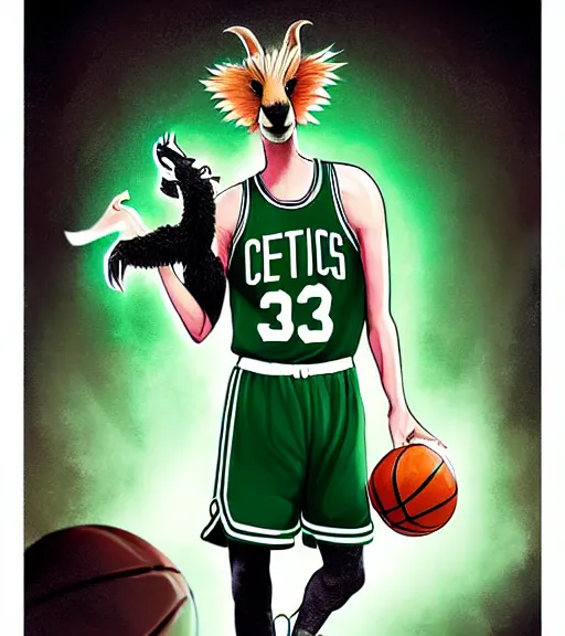 Image similar to photorealistic anthropomorphic llama as larry bird playing basketball in celtics outfit, playing in a nba court, crewson photography, dnd character art portrait, deviantart artstation, by jason felix by steve argyle by tyler jacobson by peter mohrbacher, cinematic lighting