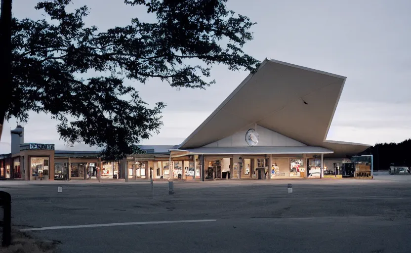 Prompt: exterior photo of the port byron travel plaza, a boring white a - frame build, depressing scene from being john malcovich film directed by charlie kaufman ( 2 0 0 1 ), moody cinematography and lighting, 2 4 mm anamorphic lens