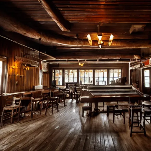 Prompt: Empty Old West Saloon at the break of day with a Grand Piano and Staircase, dust particles in the air, god beams coming through the windows, hyper realistic, HD, DLSR Camera