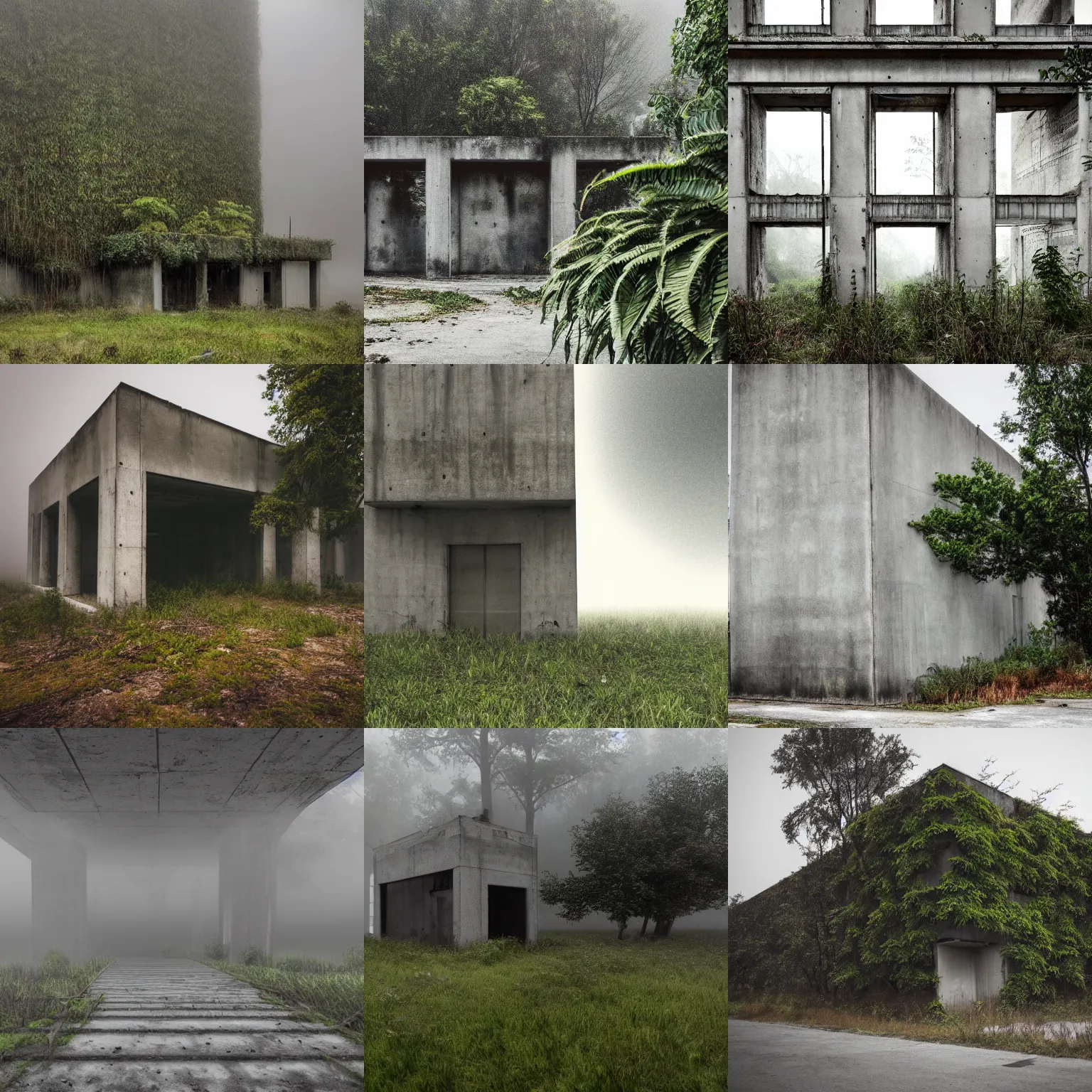 Prompt: Abandoned concrete building with plants and trees, overcast and fog weather, realistic,