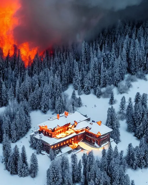 Image similar to mansion in the snowy alps set on fire, zoomed out, shot from drone, iphone capture, fire