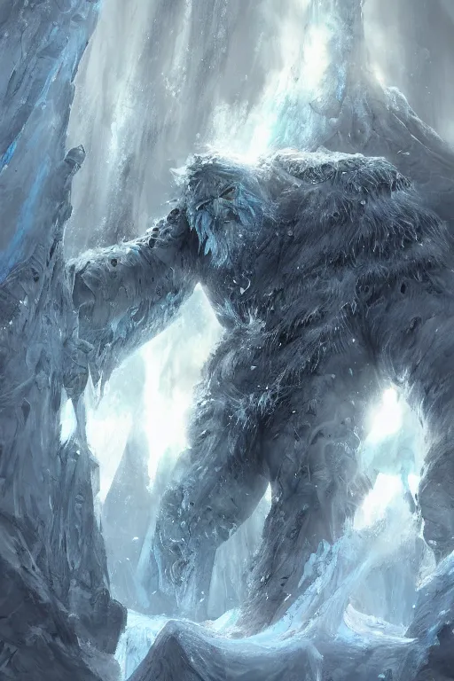 Image similar to north mythology concept art painting of ice gigant ymir the ancestor of all giants by james gurney, trending on artstation, detailed