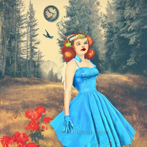 Prompt: giant alice in wonderland, pin up, houses, trees, mountains, woman, city, digital art, photo, blue dress, photoshop, flowers, collage