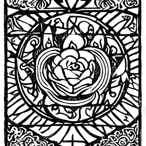Prompt: xiii tudor rose, white rose of york, tarot, symbol on death card tarot, black and white, illustration