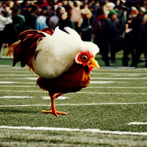 Image similar to the famous funky chicken runs across a football field, interrupting the big game, 3 5 mm