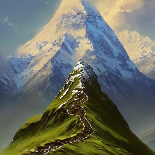 Image similar to oil painting of mossy green mount everest in summer, Greg Rutkowski, National Geograpic, Trending on Artstation