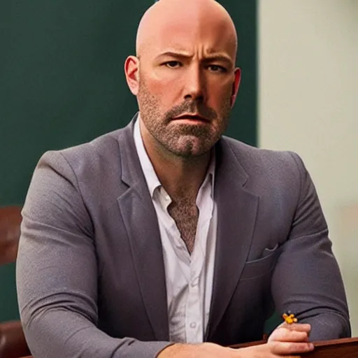 Image similar to a bald version de Ben Affleck, playing poker