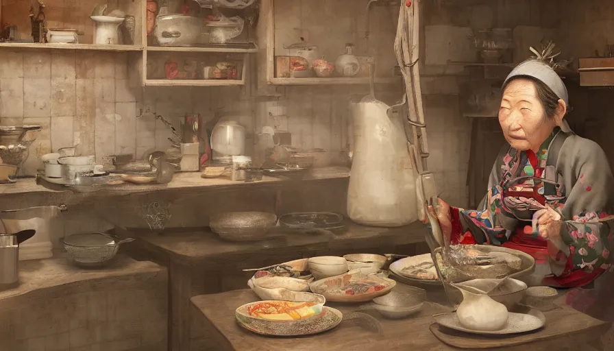 Image similar to old japanese lady cooking in old 1 8 0 0's kitchen, hyperdetailed, artstation, cgsociety, 8 k