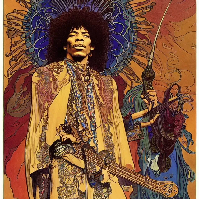 Image similar to artwork by Franklin Booth and Alphonse Mucha showing a portrait of Jimi Hendrix as a futuristic space shaman, Jimi Hendrix as a futuristic space shaman by Moebius