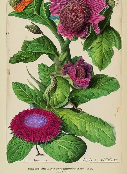 Image similar to fantasy scientific botanical illustration of colorful flower with a mouth and teeth on its base