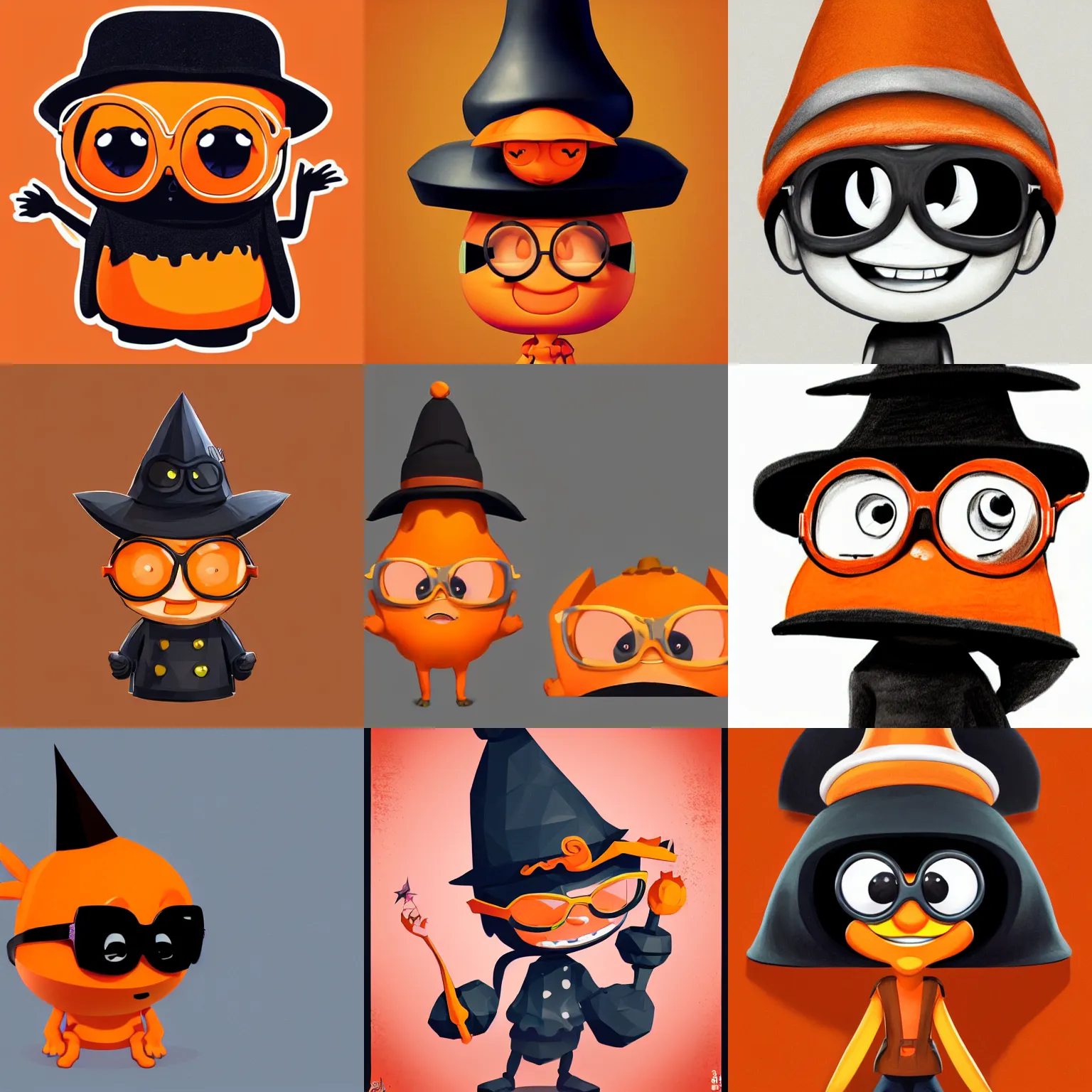 Prompt: a drawing of an orange cute character wearing a dark witch hat and oversized dark round glasses, vector art by Jan Konůpek, 2d game art by Pixar, sticker by Akira Toriyama, featured on polycount, behance contest winner, mingei, sketchfab, low poly