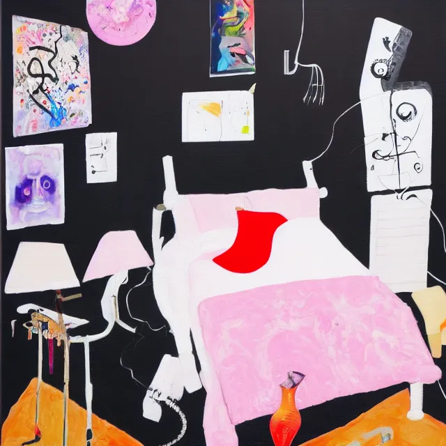 Image similar to a portrait in a female artist's zen bedroom, black walls, a tall girl sleeping, pancakes, sheet music, electric guitar, surgical supplies, ikebana, sensual, octopus, neo - expressionism, surrealism, acrylic and spray paint and oilstick on canvas