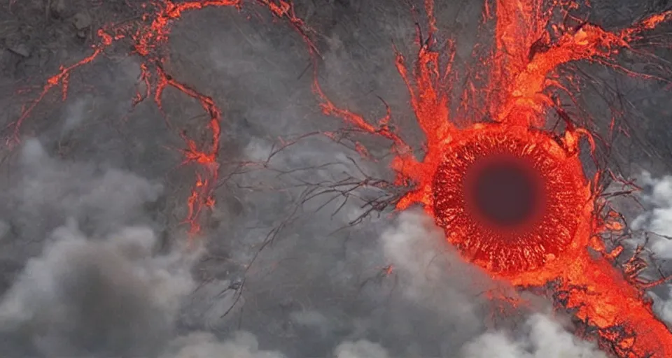 Image similar to a volcano made of ivory vines and crimson rocks enters in eruption, it spits a smoke in the shape of demonic eye, by Hideaki anno