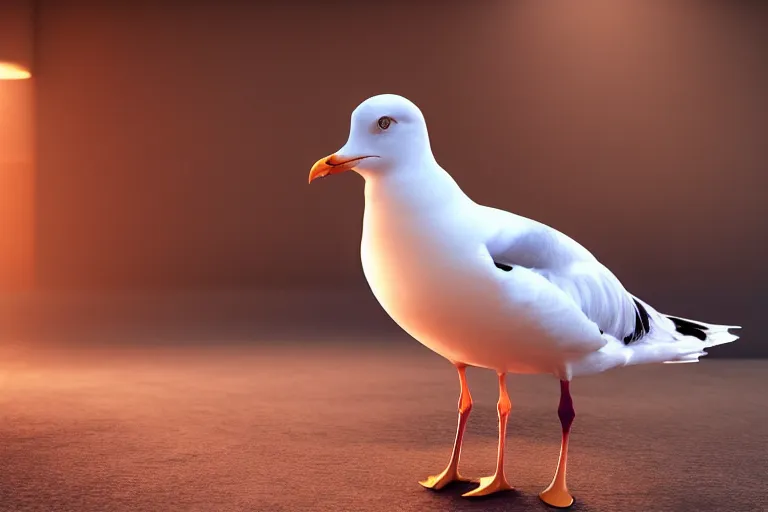 Image similar to a seagull in a fancy suite, 4k, ultra details, cinematic, epic style, beautiful photo, hyper realistic, octane render, unreal engine, award winning, on artstation, volumetric lightning, masterpiece, golden hour,