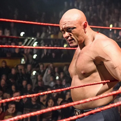 Prompt: max branning as the rock holding his belt above his head on the top rope of a wrestling ring surrounded by a huge crowd